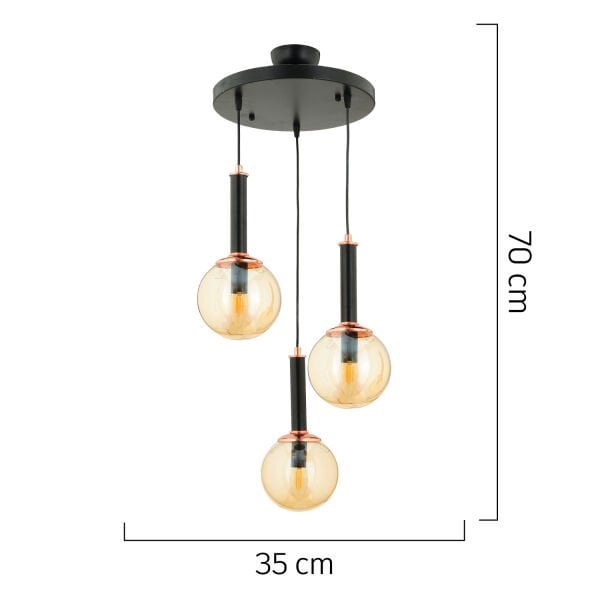 Erna 3Lü Sarkıt Yuvarlak Siyah Modern Genç Odası Mutfak Retro Salon Sarkıt Avize