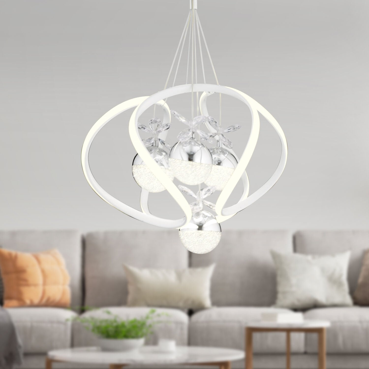 Balca 4'lü Beyaz Krom 3 Renkli 84 Watt Ledli Kelebek Led Avize Top Avize Modern Oturma Odası, Koridor, Salon Led Avize