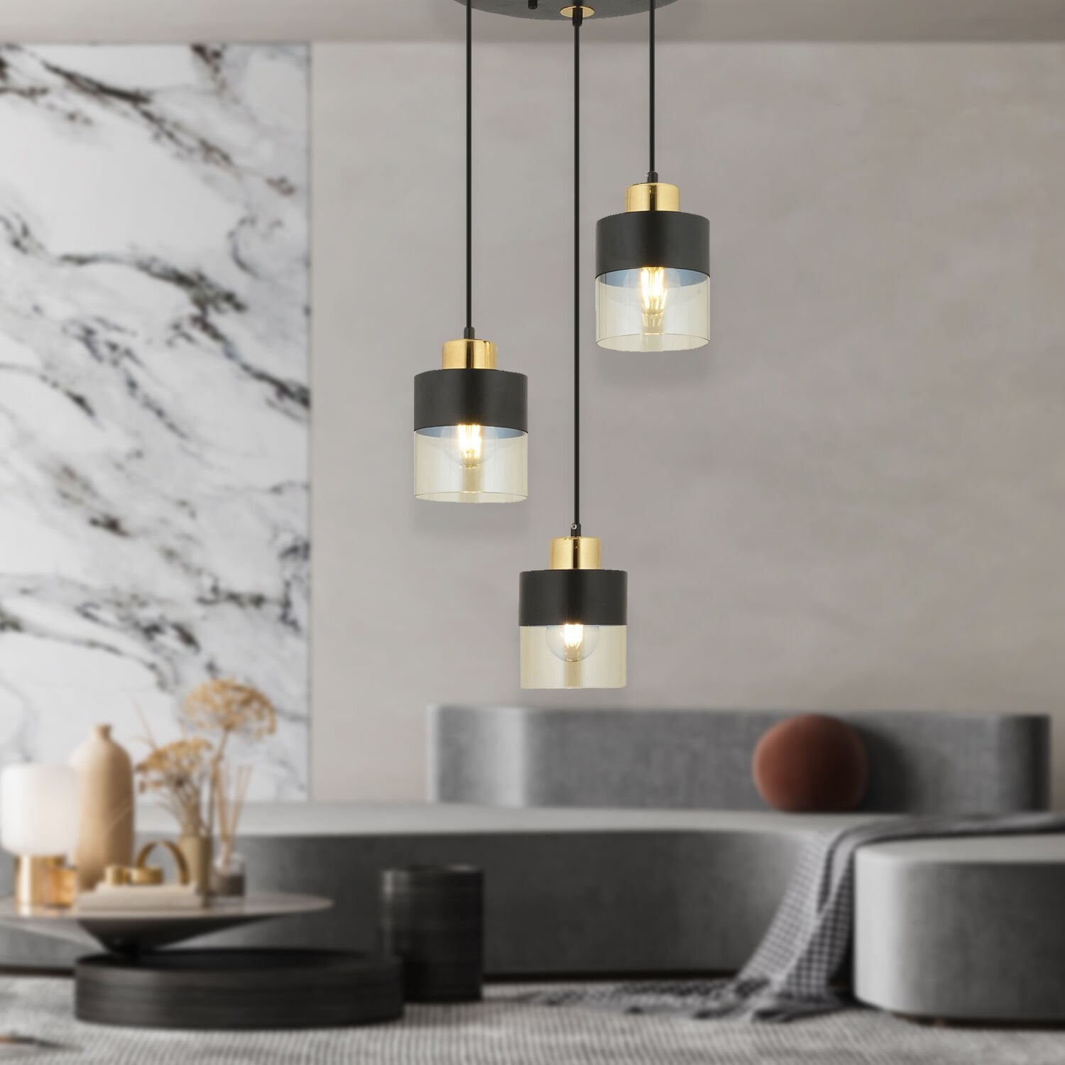 Boris 3Lü Yuvarlak Siyah Gold  Sarkıt Modern Genç Odası Mutfak Retro Salon Avize