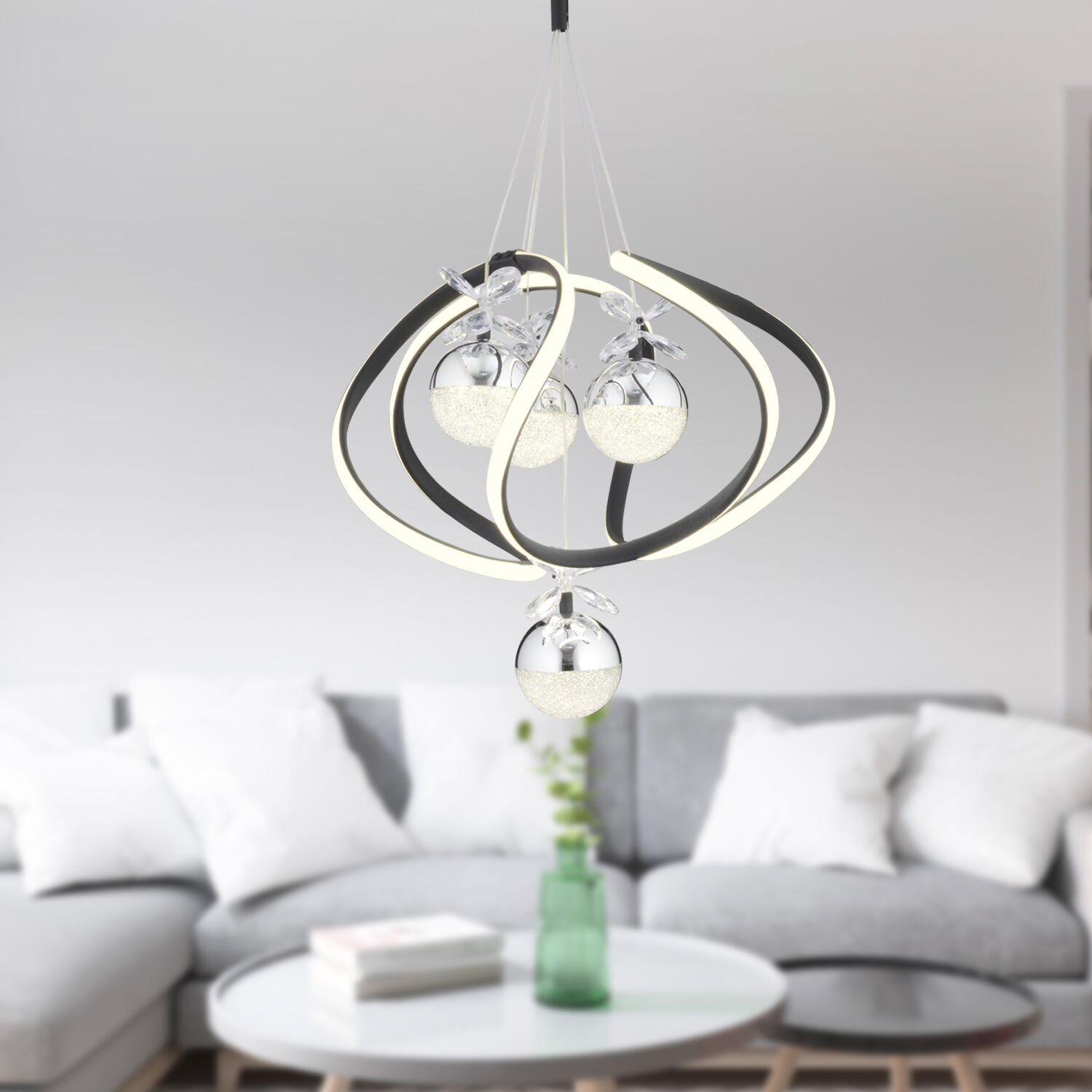 Balca 4'lü Siyah Krom 3 Renkli 84 Watt Ledli Kelebek Led Avize Top Avize Modern Oturma Odası, Koridor, Salon Led Avize