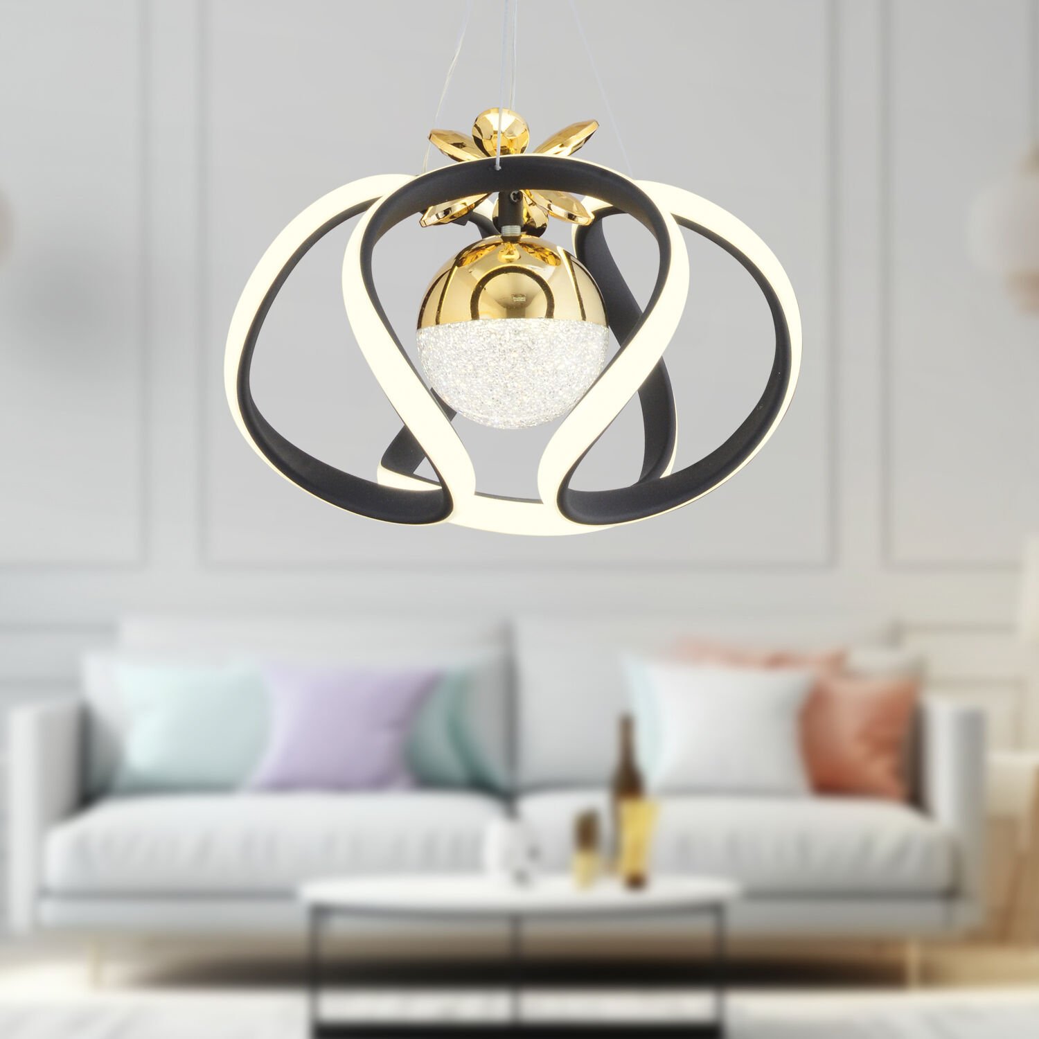 Pelin Tekli Siyah Gold 3 Renkli 39 Watt Ledli Modern Oturma Odası, Koridor, Salon Led Avize