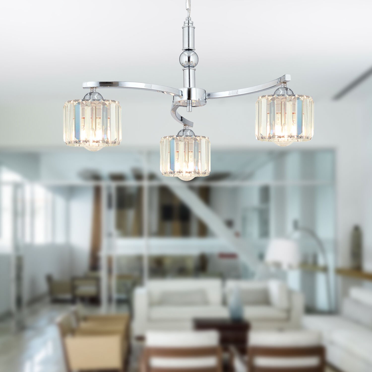 Amir 3 Kollu Krom Kaplama Kristalli Taşlı Modern Tasarım Kristal Salon Avize