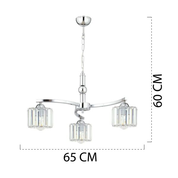 Amir 3 Kollu Krom Kaplama Kristalli Taşlı Modern Tasarım Kristal Salon Avize