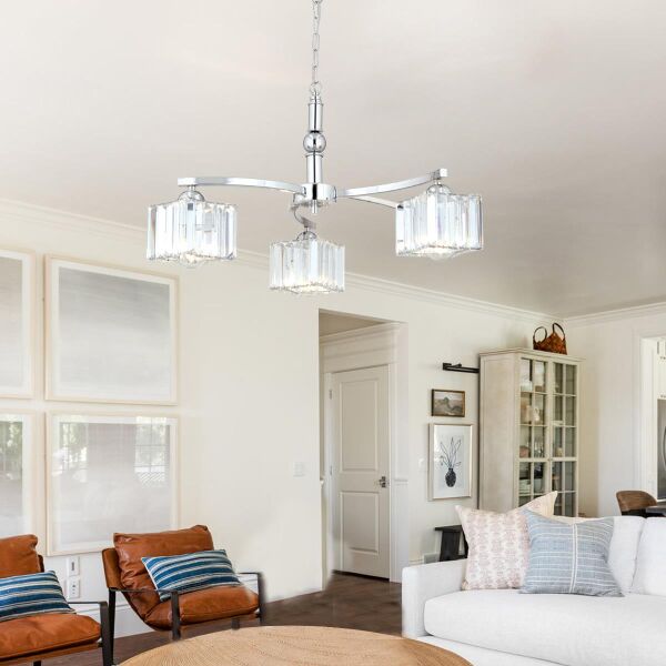 Rima 3 Kollu Krom Kaplama Kristalli Taşlı Modern Tasarım Salon-Yatak Odası Kristal Salon Avize