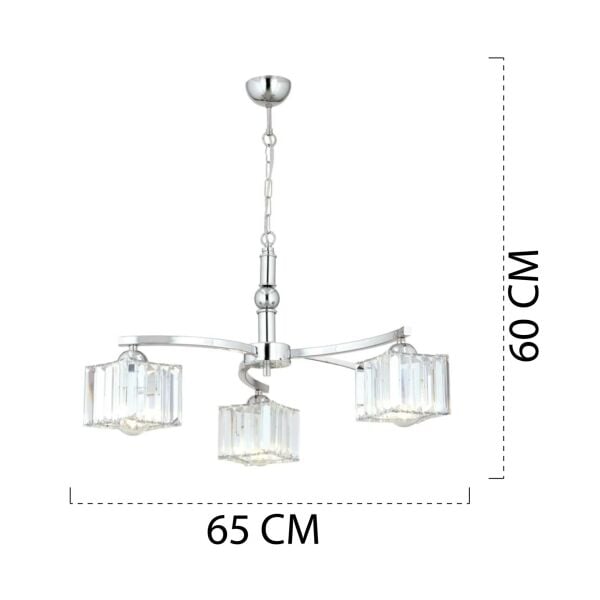 Rima 3 Kollu Krom Kaplama Kristalli Taşlı Modern Tasarım Salon-Yatak Odası Kristal Salon Avize