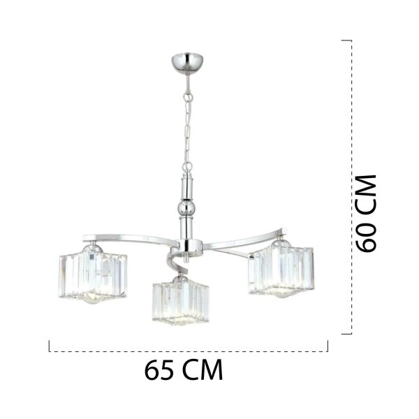 Rima 3 Kollu Krom Kaplama Kristalli Taşlı Modern Tasarım Salon-Yatak Odası Kristal Salon Avize