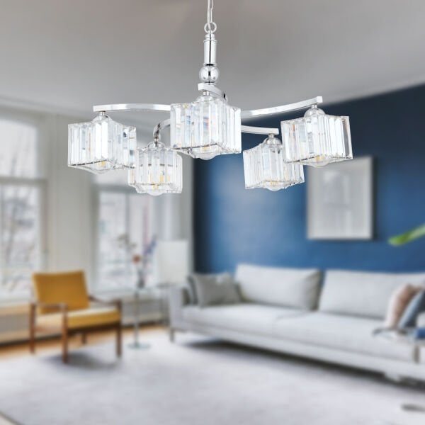 Rima 5 Kollu Krom Kaplama Kristalli Taşlı Modern Tasarım Salon-Yatak Odası Kristal Salon Avize