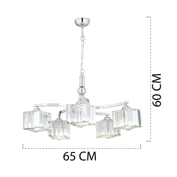 Rima 5 Kollu Krom Kaplama Kristalli Taşlı Modern Tasarım Salon-Yatak Odası Kristal Salon Avize