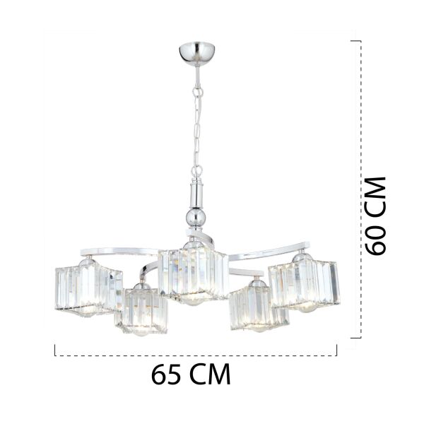 Rima 5 Kollu Krom Kaplama Kristalli Taşlı Modern Tasarım Salon-Yatak Odası Kristal Salon Avize