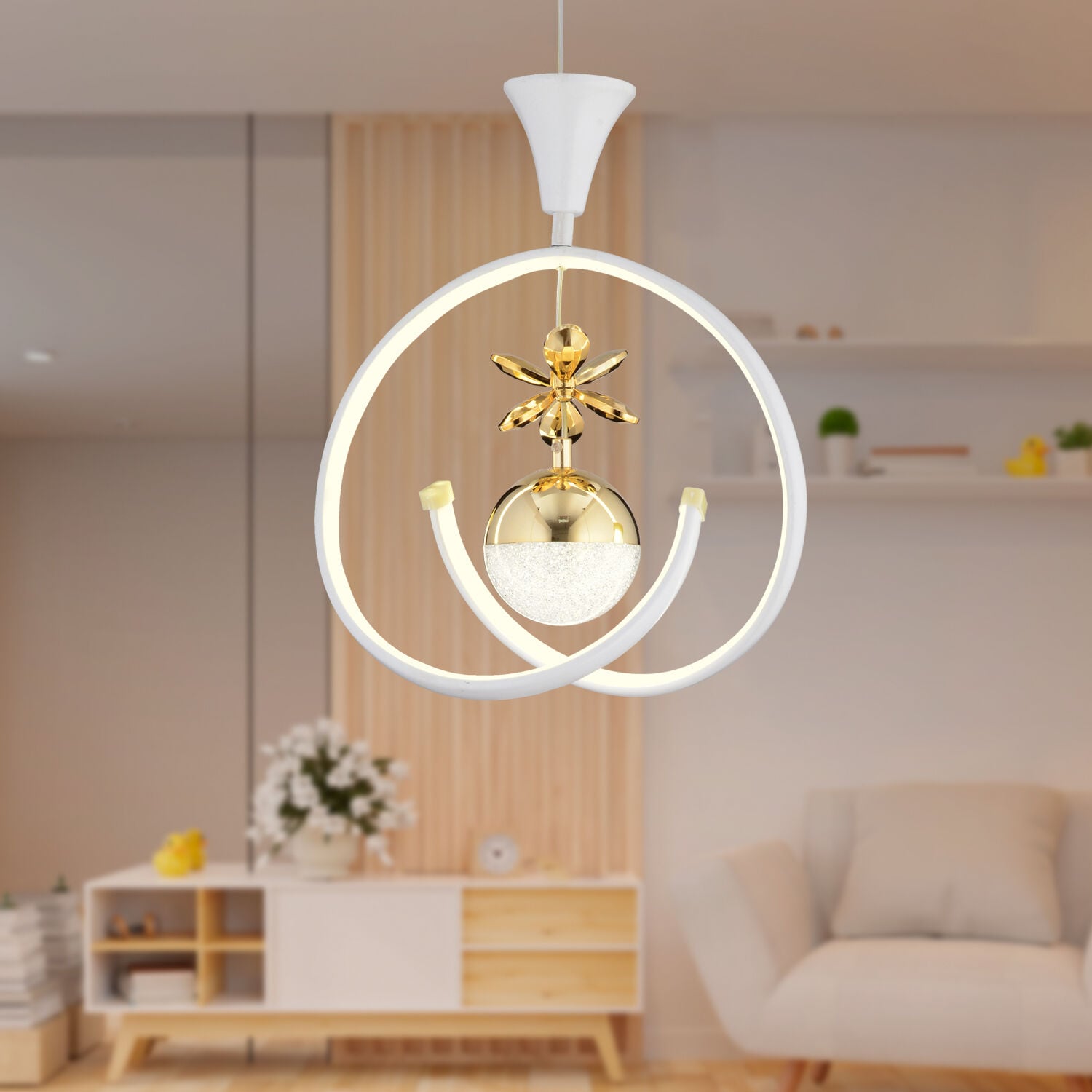 Mengü Tekli Beyaz Gold 3 Renkli 36 Watt Ledli Modern Oturma Odası, Koridor, Salon Led Avize