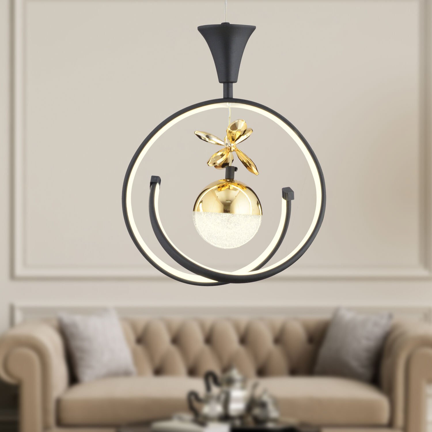 Mengü Tekli Siyah Gold 3 Renkli 36 Watt Ledli Modern Oturma Odası, Koridor, Salon Led Avize