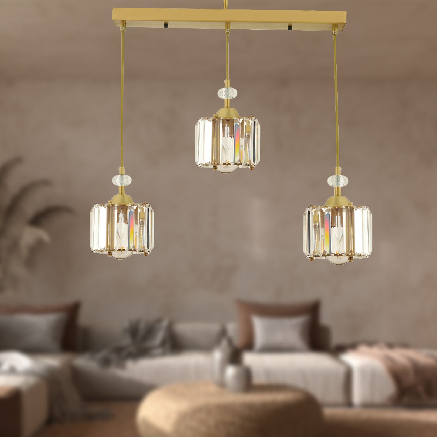 Bonita Eskitme 3 Lü Sıralı Kristalli Taşlı Modern Tasarım Kristal Salon Sarkıt Avize