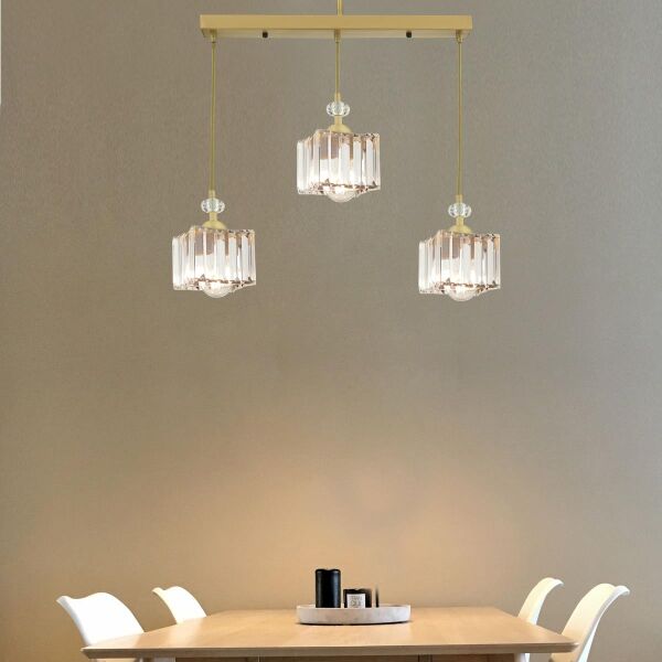 Brandy Eskitme 3 Lü Sıralı Sarkıt Kristalli Taşlı Modern Tasarım Kristal Salon Avize
