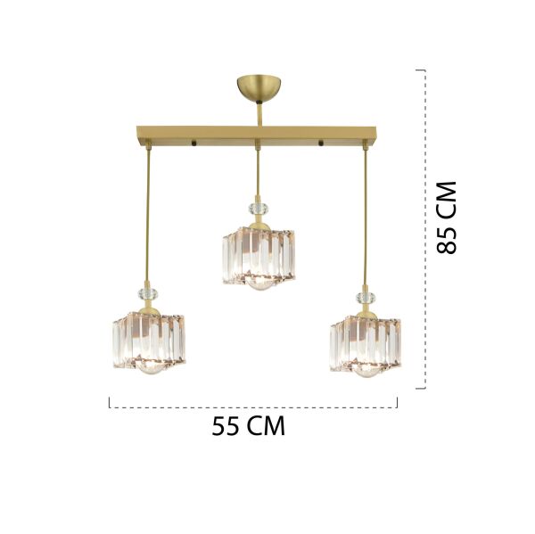Brandy Eskitme 3 Lü Sıralı Sarkıt Kristalli Taşlı Modern Tasarım Kristal Salon Avize