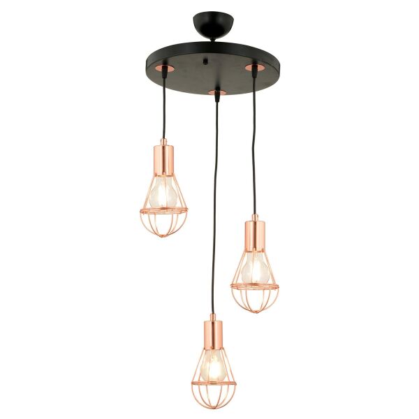 CİRİ 3 LÜ YUVARLAK BAKIR KAPLAMA TEL SARKIT MODERN AVİZE