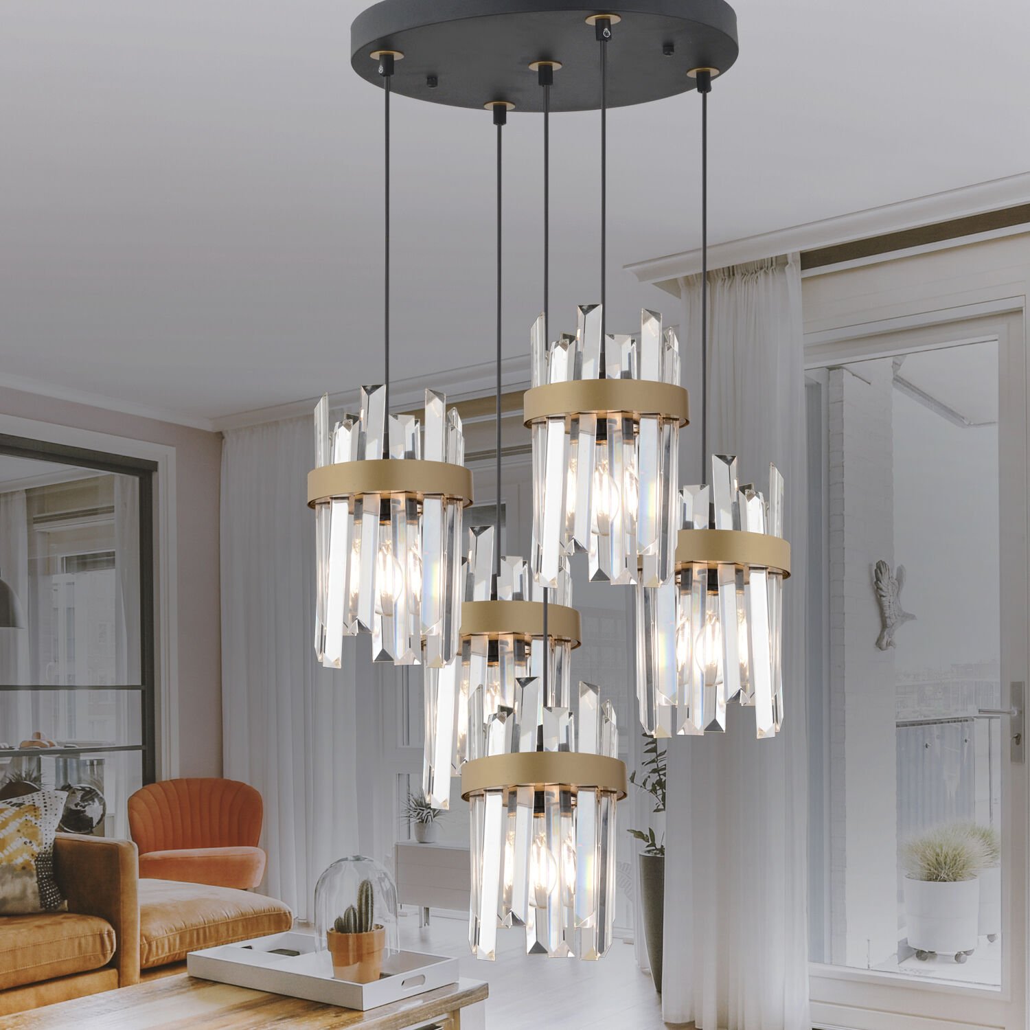 Apatit 5'li Yuvarlak Siyah Eskitme Kristal Taşlı Modern Koridor Yatak Odası Salon Kristalli Avize