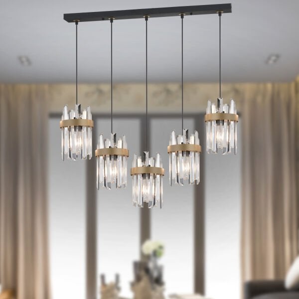 Apatit 5'li Sıralı Siyah Eskitme Kristal Taşlı Modern Koridor Yatak Odası Salon Kristalli Avize