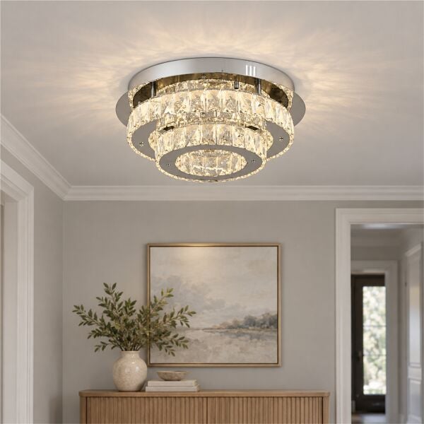 Ardenia 2 Katlı Krom 3 Renkli 70 Watt Kristalli Ledli Modern Salon Led Büyük Avize