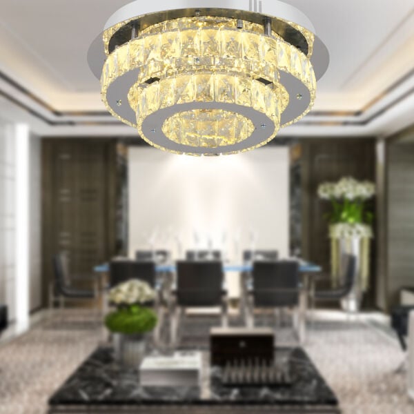 Ardenia 2 Katlı Krom 3 Renkli 70 Watt Kristalli Ledli Modern Salon Led Büyük Avize