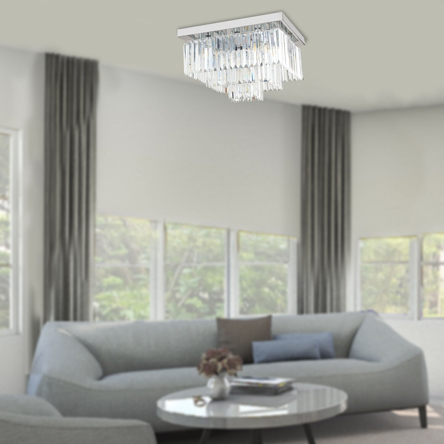 Nilüfer Kristalli Krom Kaplama Triplex Kare Kristalli Taşlı Modern Tasarım Kristal Salon Avize