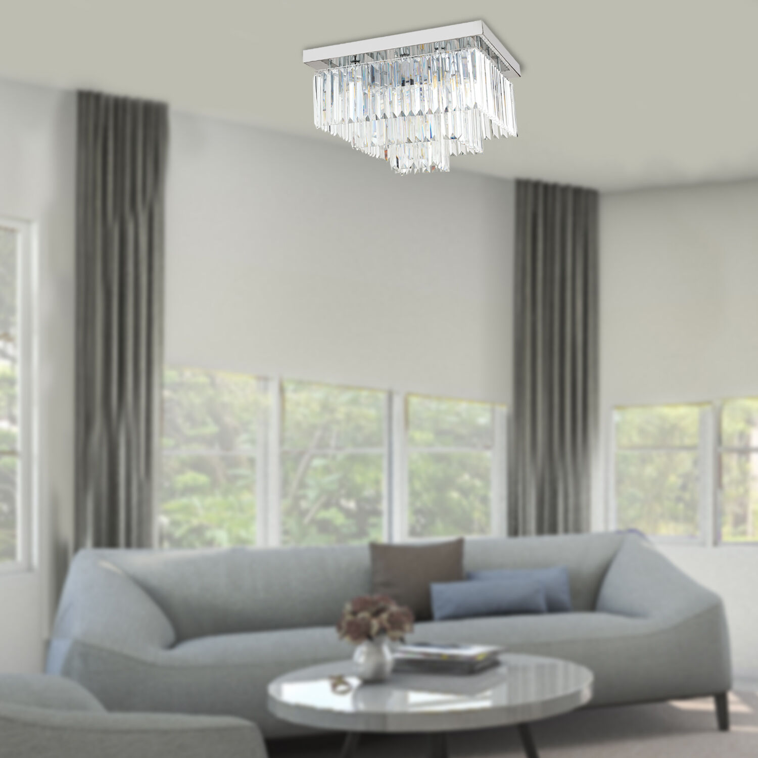 Nilüfer Kristalli Krom Kaplama Triplex Kare Kristalli Taşlı Modern Tasarım Kristal Salon Avize