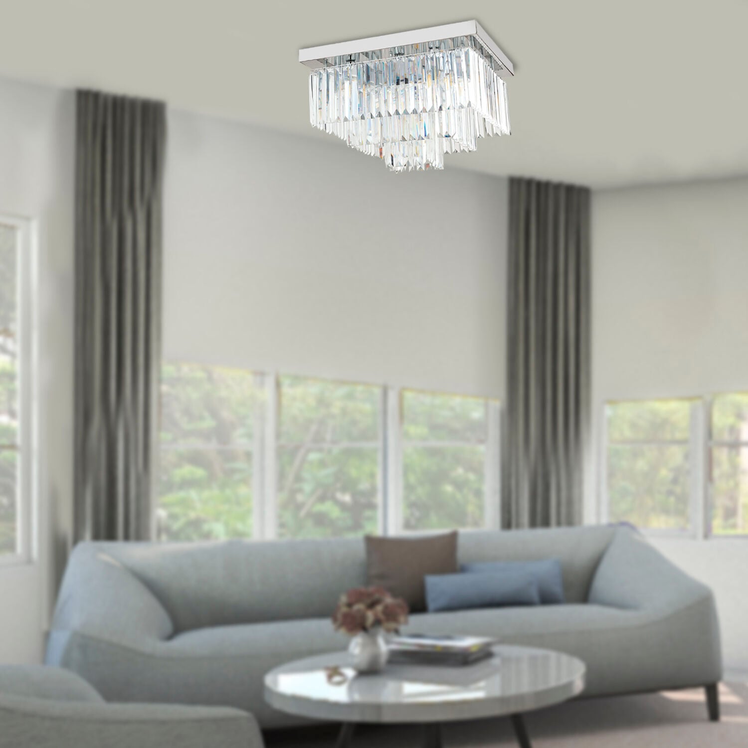 Nilüfer Kristalli Krom Kaplama Triplex Kare Kristalli Taşlı Modern Tasarım Kristal Salon Avize