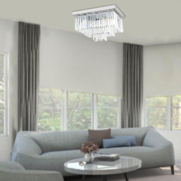 Nilüfer Kristalli Krom Kaplama Triplex Kare Kristalli Taşlı Modern Tasarım Kristal Salon Avize