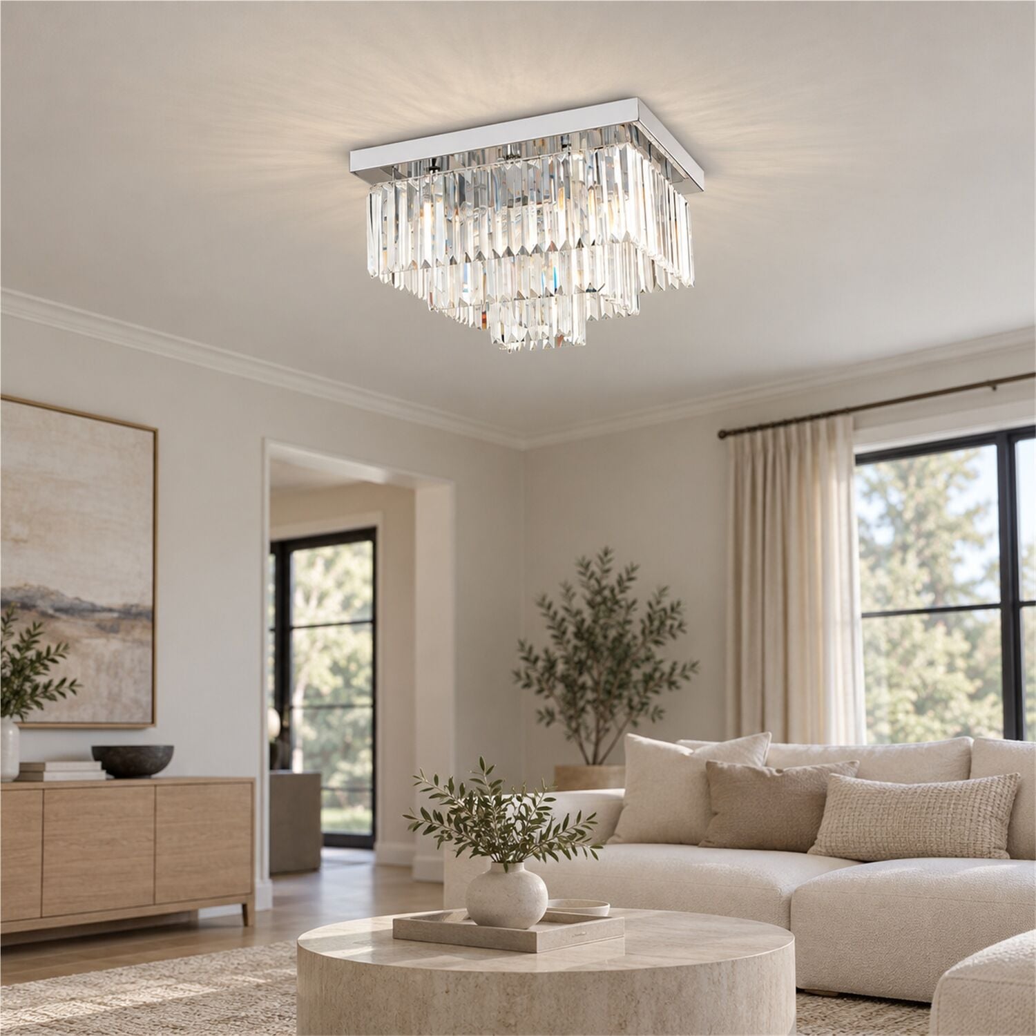 Nilüfer Kristalli Krom Kaplama Triplex Kare Kristalli Taşlı Modern Tasarım Kristal Salon Avize