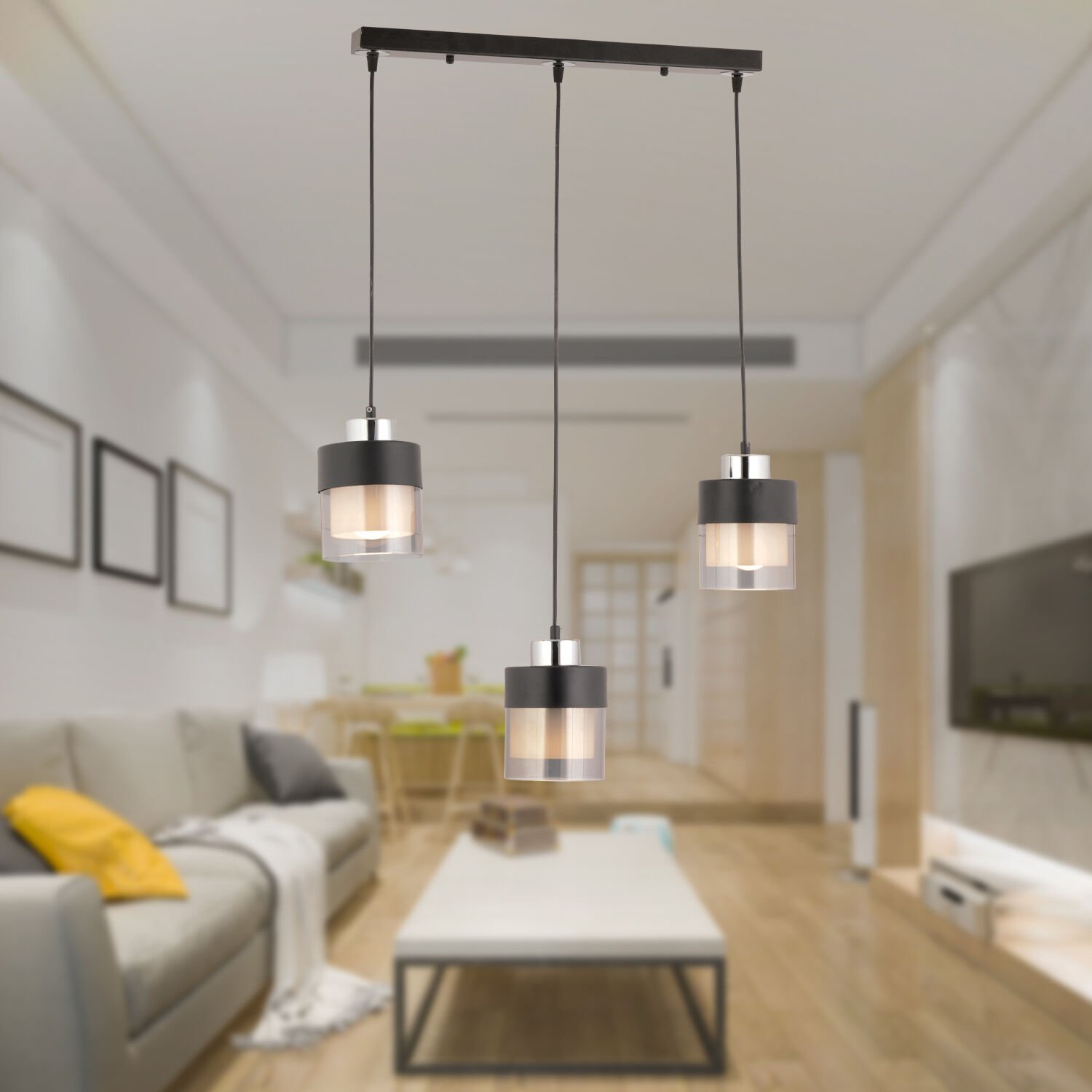 Boris 3 Lü Sıralı Siyah-Krom Sarkıt Modern Genç Odası Mutfak Salon Sarkıt Avize