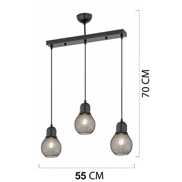 Pia 3Lü Sıralı Siyah Modern Genç Odası Mutfak Retro Salon Sarkıt Avize