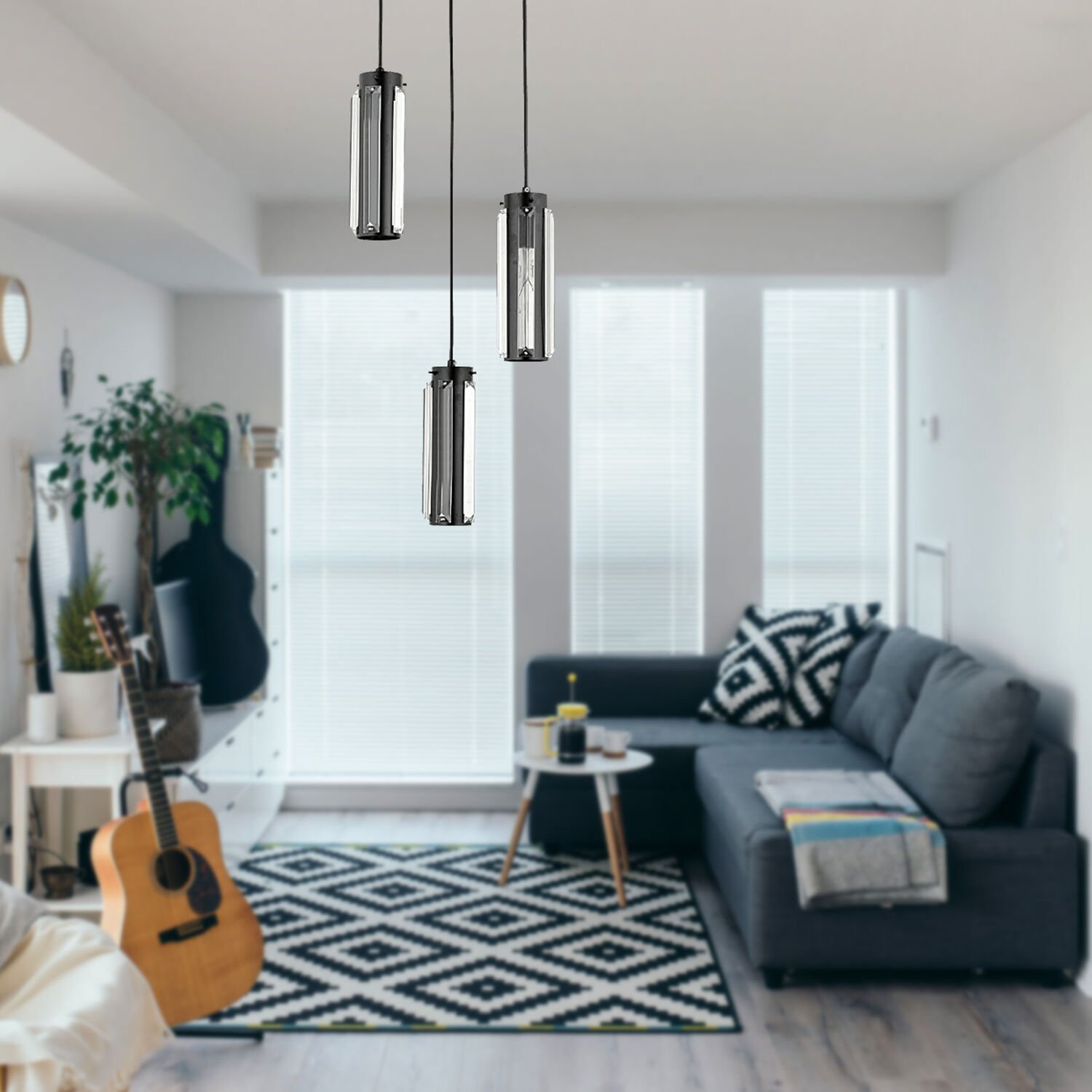 Natali 3 Lü Siyah Kristalli, Taşlı Modern Tasarım Kristal Salon Sarkıt Avize