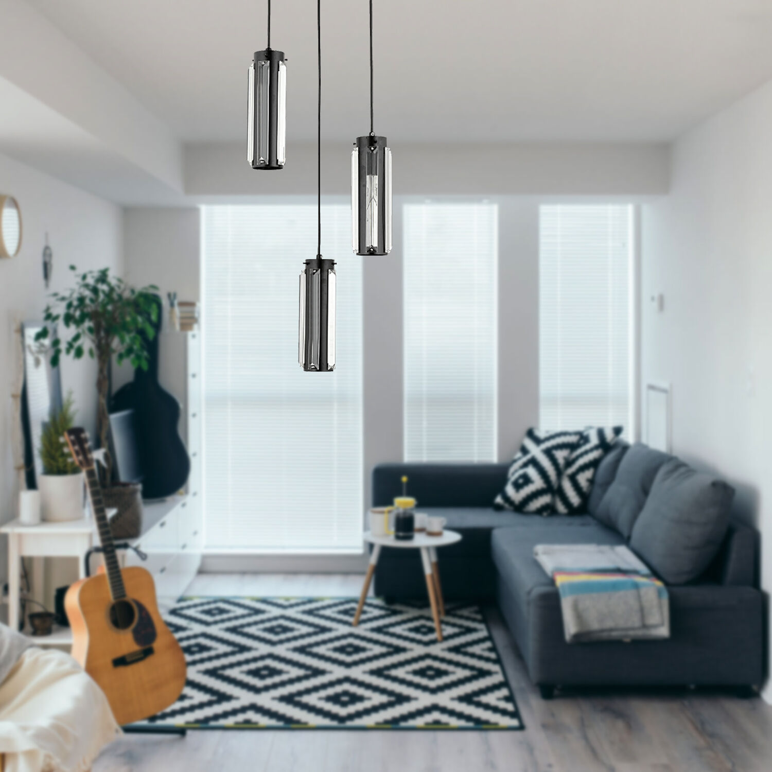Natali 3 Lü Siyah Kristalli, Taşlı Modern Tasarım Kristal Salon Sarkıt Avize