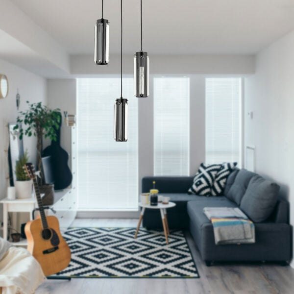 Natali 3 Lü Siyah Kristalli, Taşlı Modern Tasarım Kristal Salon Sarkıt Avize