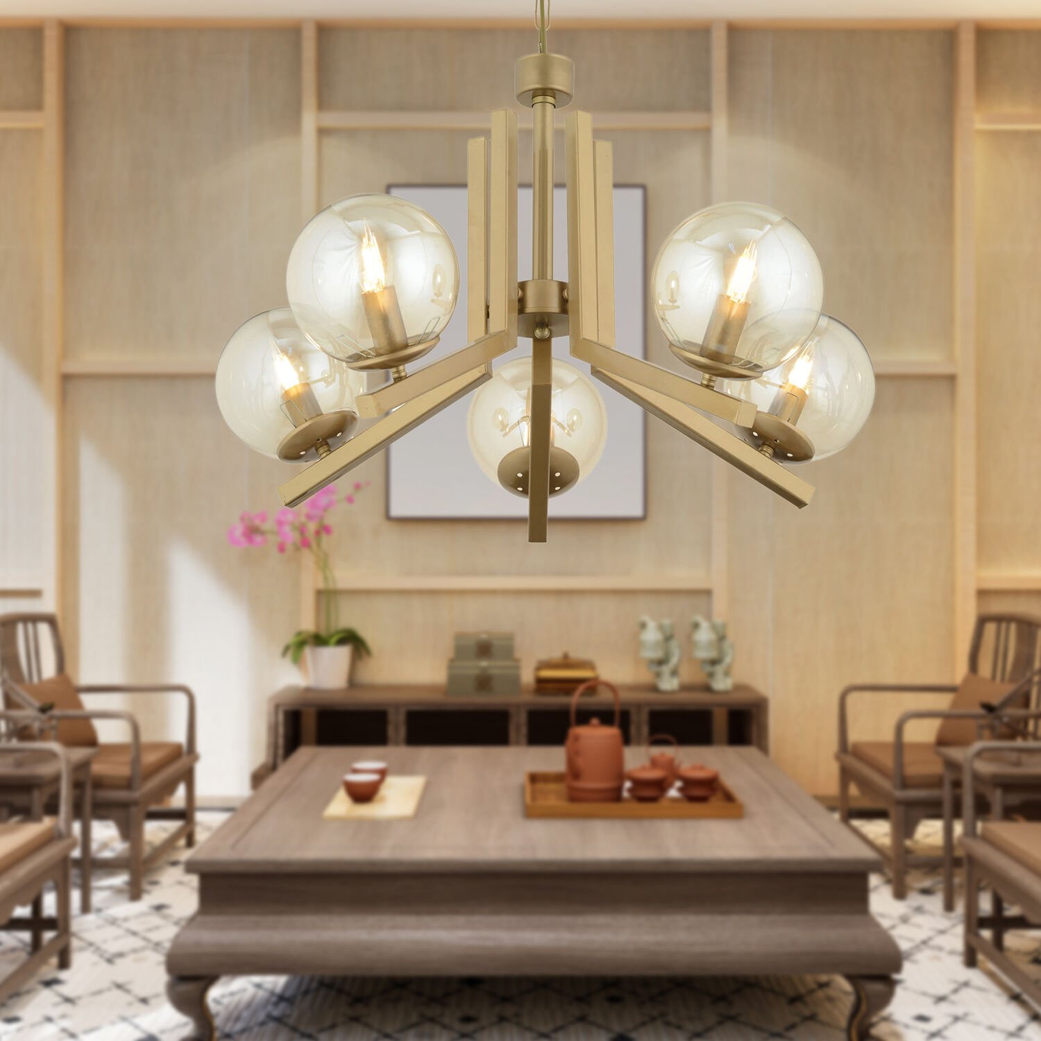 Mikel 5 Lü Komple Eskitme Boyalı Bal Camlı Modern Retro Sarkıt Yatak Odası Salon Avize