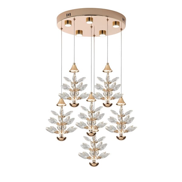 Serap 6'Lı 65 Watt 3000K Yuvarlak Gold Kristal Taşlı Ledli Salon Avize