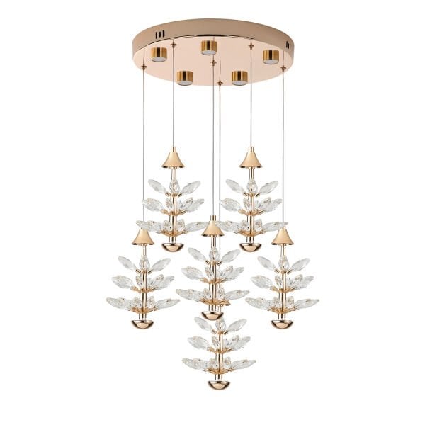Serap 6'Lı 65 Watt 3000K Yuvarlak Gold Kristal Taşlı Ledli Salon Avize