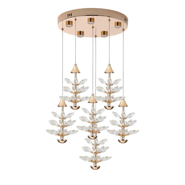 Serap 6'Lı 65 Watt 3000K Yuvarlak Gold Kristal Taşlı Ledli Salon Avize