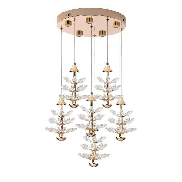 Serap 6'Lı 65 Watt 3000K Yuvarlak Gold Kristal Taşlı Ledli Salon Avize