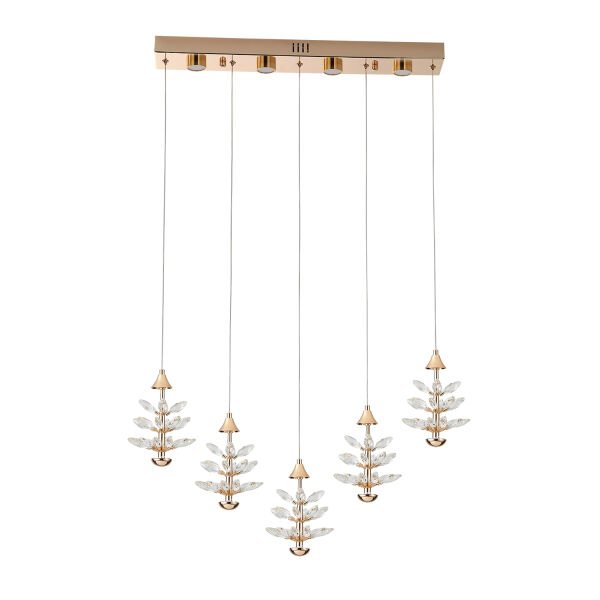 Serap 5'Li 62 Watt 3000K Sıralı Gold Kristal Taşlı Ledli Salon Avize
