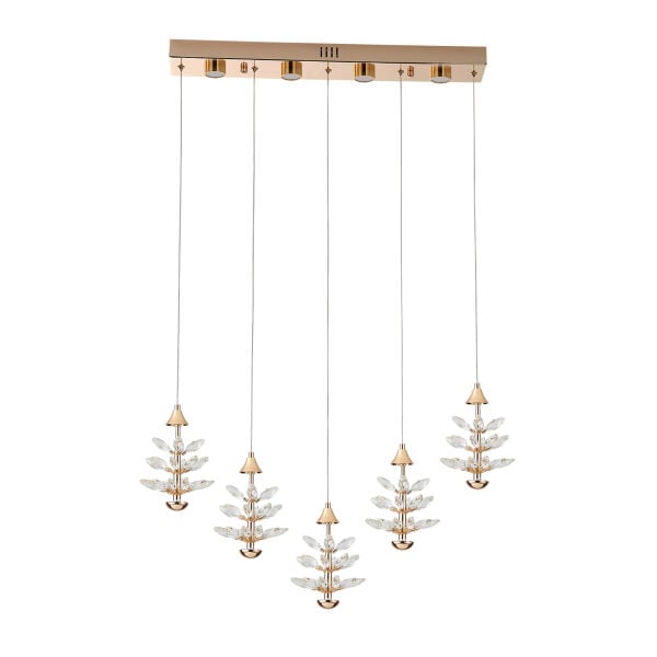 Serap 5'Li 62 Watt 3000K Sıralı Gold Kristal Taşlı Ledli Salon Avize