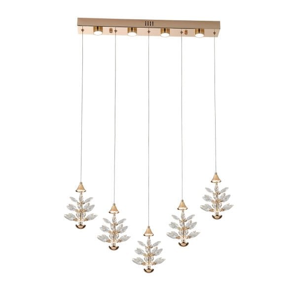 Serap 5'Li 62 Watt 3000K Sıralı Gold Kristal Taşlı Ledli Salon Avize