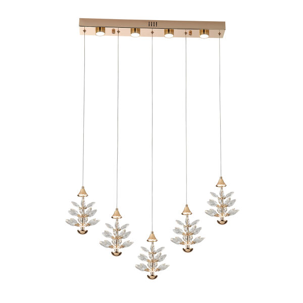 Serap 5'Li 62 Watt 3000K Sıralı Gold Kristal Taşlı Ledli Salon Avize