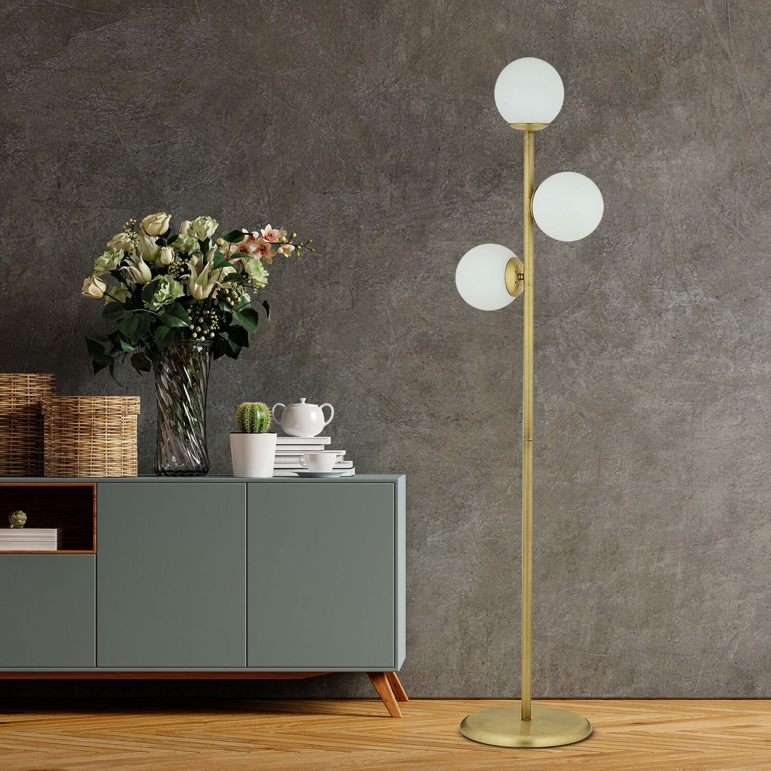 Zambak 3 Lü Eskitme Beyaz Camlı Modern Dekoratif Tasarım Metal Lambader