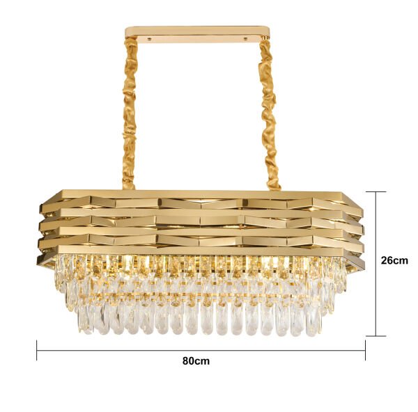 Corde 80'Lik Yemek Masası Sıralı Gold Kaplamalı Kristal Avize