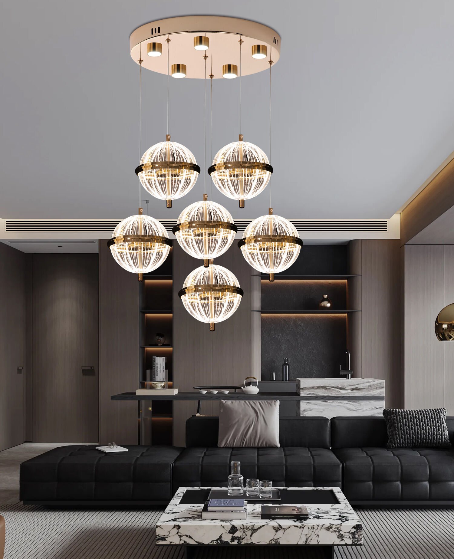 Barkın 6'Lı 40 Watt Yuvarlak Gold Ledli Modern Salon Avize