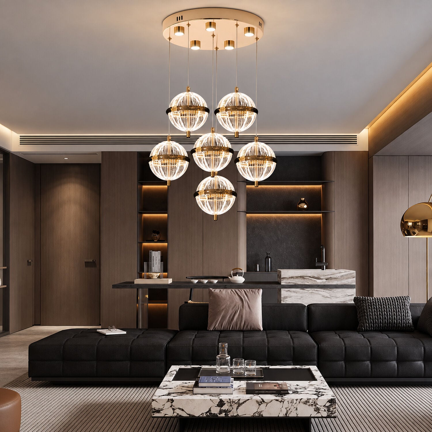 Barkın 6'Lı 40 Watt Yuvarlak Gold Ledli Modern Salon Avize