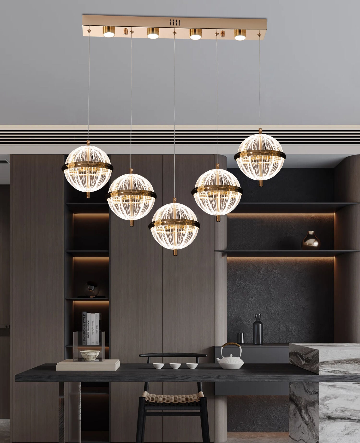 Barkın 5'Li 37 Watt Sıralı Gold Ledli Modern Salon Avize