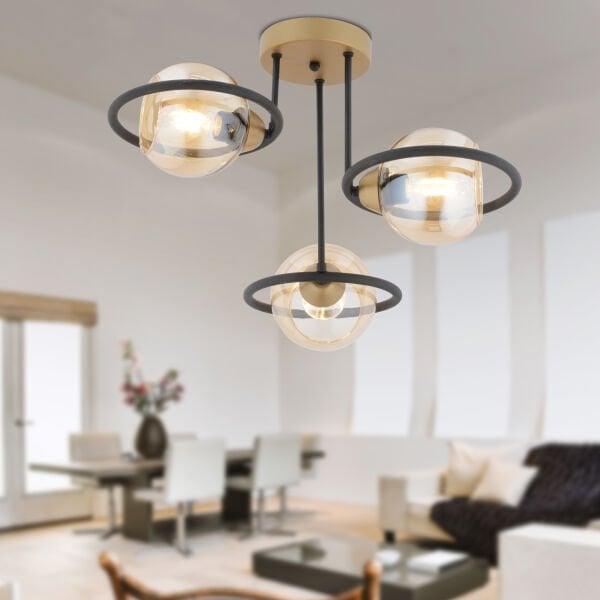 Becca 3'lü Siyah Eskitme Bal Camlı Top Avize Modern Oturma Odası Salon Avize