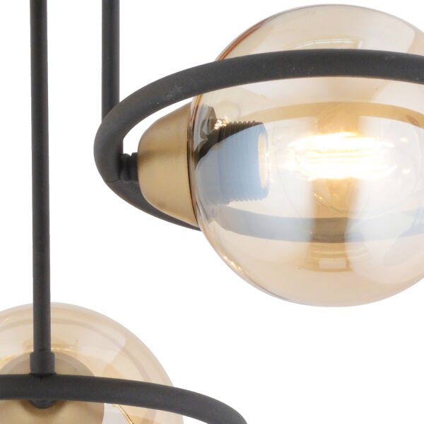 Becca 3'lü Siyah Eskitme Bal Camlı Top Avize Modern Oturma Odası Salon Avize