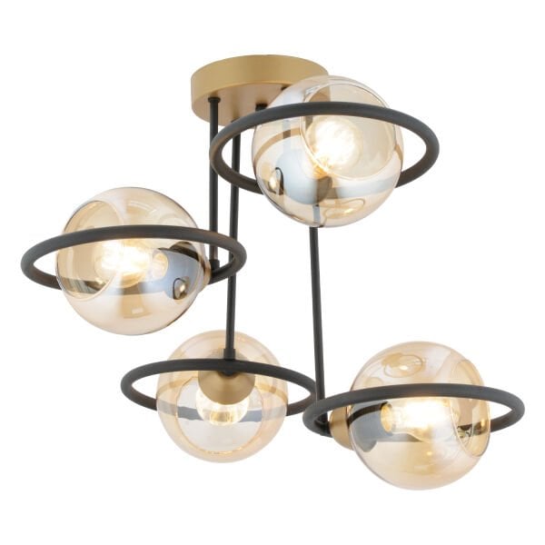 Becca 4'lü Siyah Eskitme Bal Camlı Top Avize Modern Oturma Odası Salon Avize